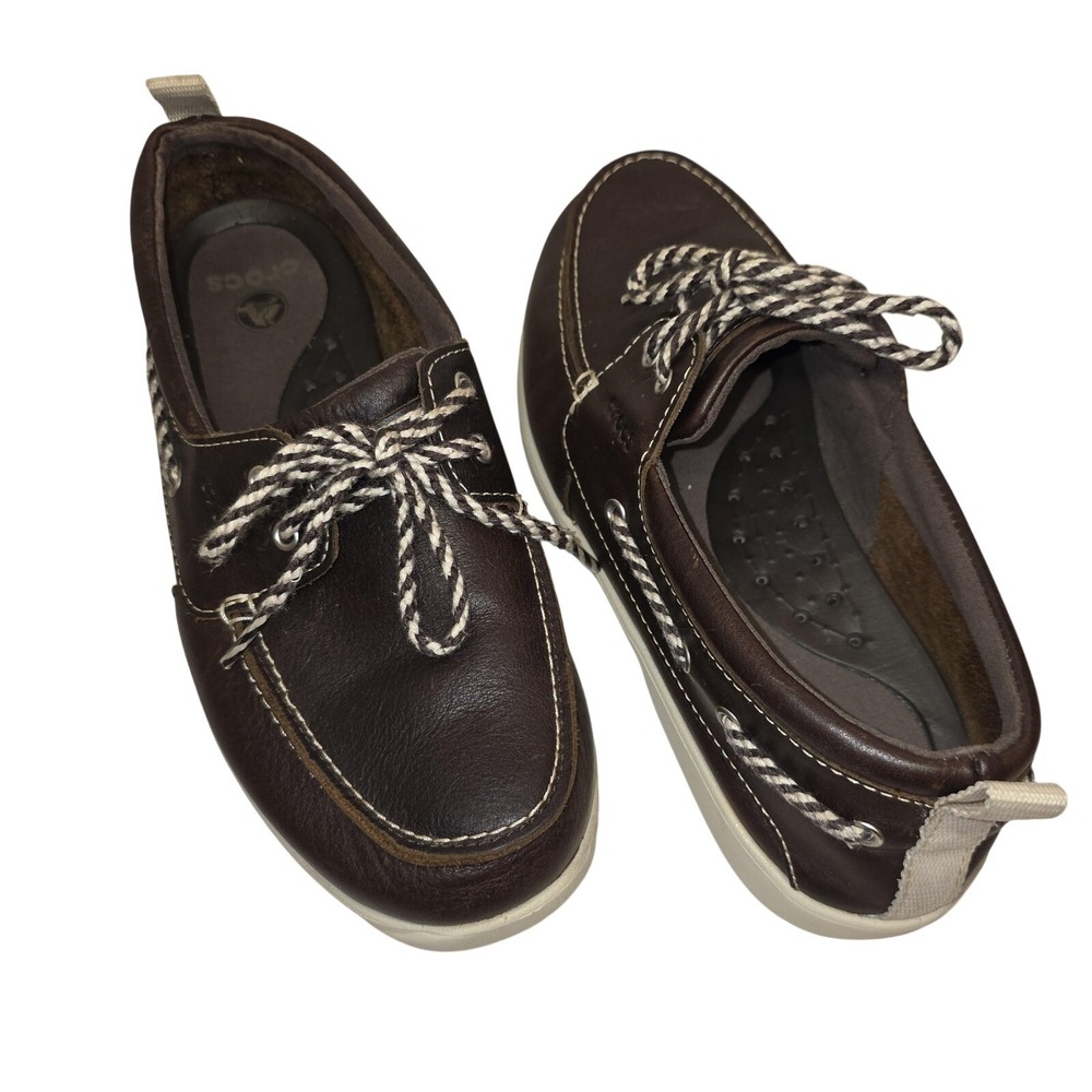 Crocs Leather Harborline Boat Shoes Women 7 Brown Lace Comfort Walking Loafers